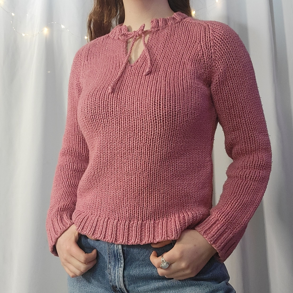 Y2k American Eagle Pink Knit V-neck 100% Cotton Pullover Sweater